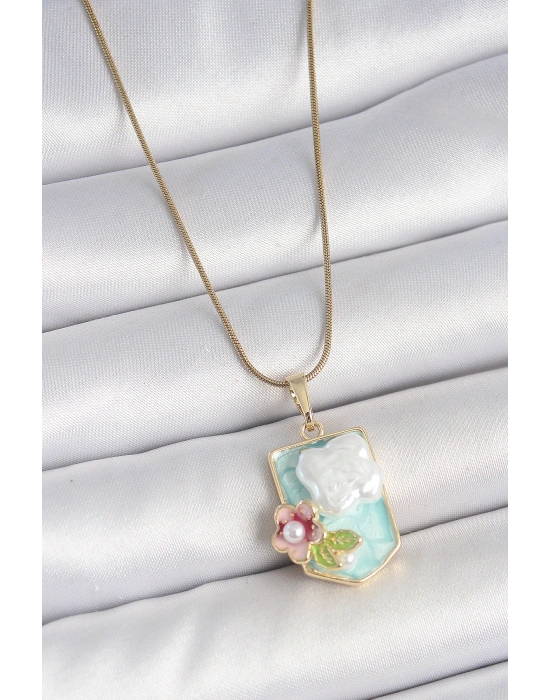 316L Çelik Gold Renk Zincir Mavi Mineli İncili Çiçek İşlemeli Portre Model Kadın Kolye