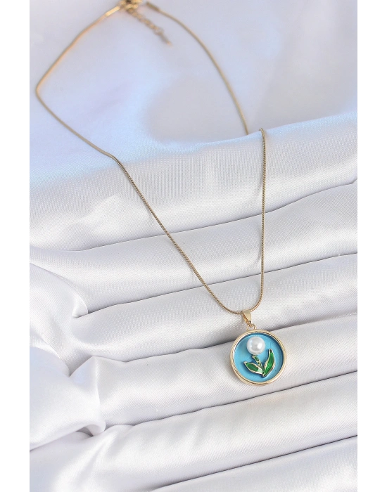 316L Çelik Gold Renk Zincir Mavi Mineli İncili Çiçek İşlemeli Portre Model Kadın Kolye
