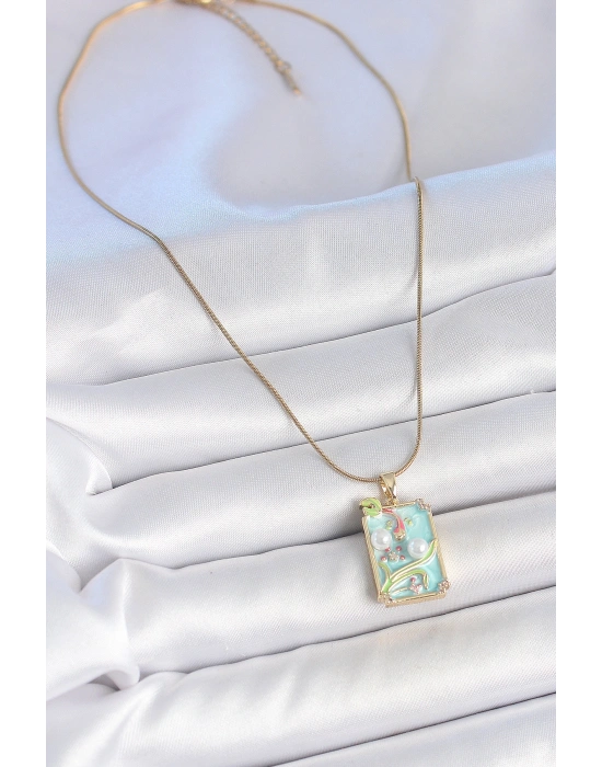 316L Çelik Gold Renk Zincir Mavi Mineli İncili Çiçek İşlemeli Portre Model Kadın Kolye