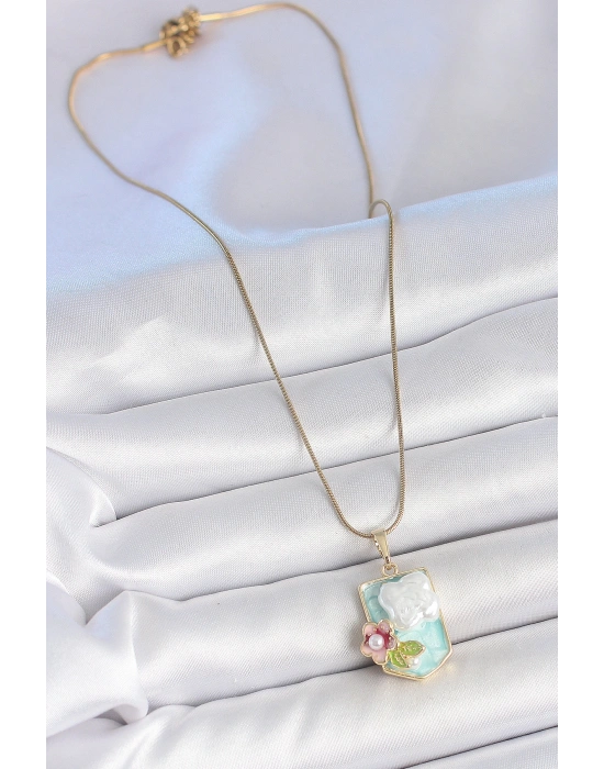 316L Çelik Gold Renk Zincir Mavi Mineli İncili Çiçek İşlemeli Portre Model Kadın Kolye