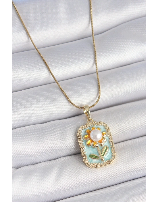 316L Çelik Gold Renk Zincir Mavi Mineli İncili Papatya İşlemeli Portre Model Kadın Kolye