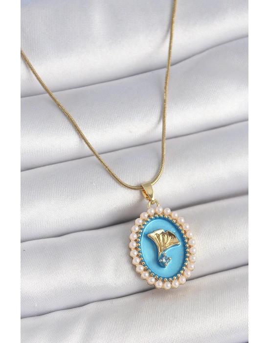 316L Çelik Gold Renk Zincir Mavi Mineli İncili Zirkon Taşlı Çiçek İşlemeli Portre Model Kadın Kolye