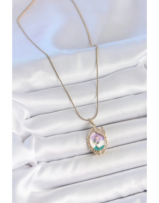 316L Çelik Gold Renk Zincir Mix Renk Mineli Çiçek İşlemeli Zirkon Taş Detaylı Portre Model Kadın Kolye