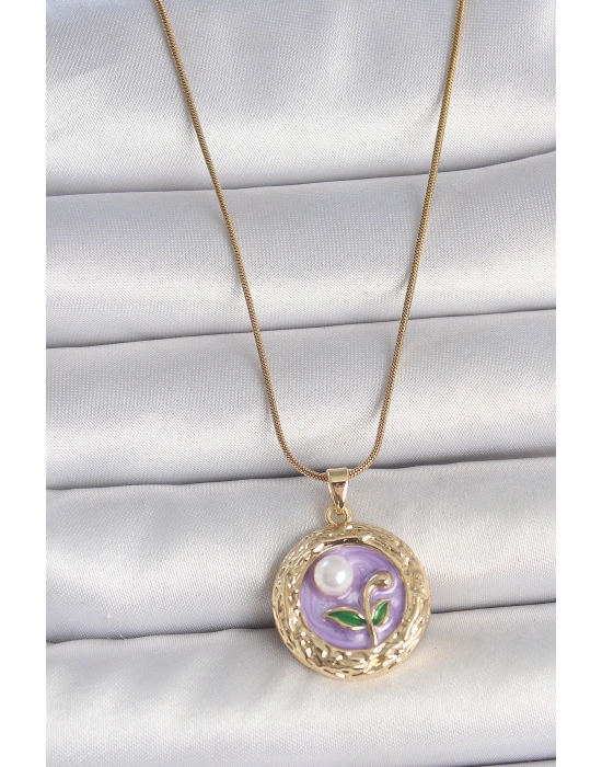 316L Çelik Gold Renk Zincir Mor Çiçek İşlemeli İnci Detay Potre Model Kadın Kolye