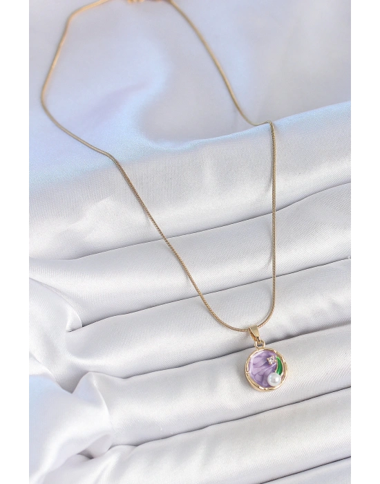 316L Çelik Gold Renk Zincir Mor Çiçek İşlemeli Zirkon Taş İnci Detaylı Minimal Portre Model Kadın Kolye