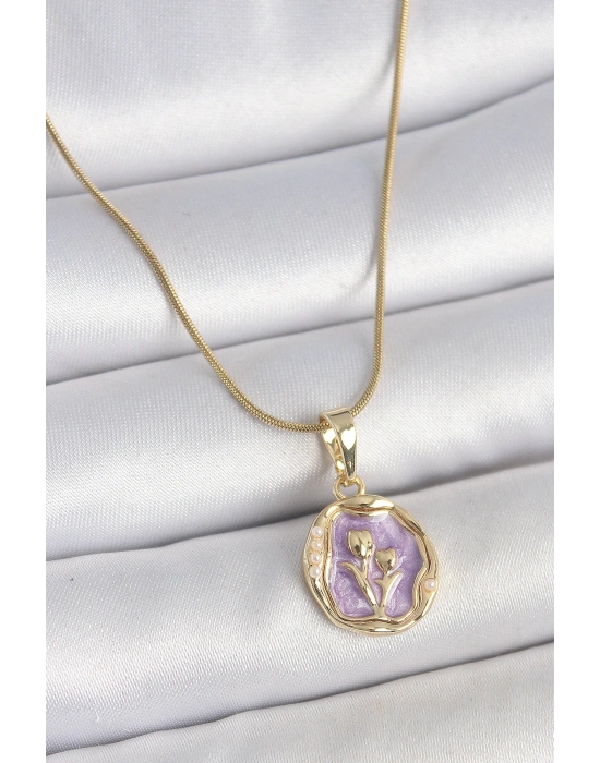 316L Çelik Gold Renk Zincir Mor Mineli Çiçek İşlemeli Portre Model Kadın Kolye