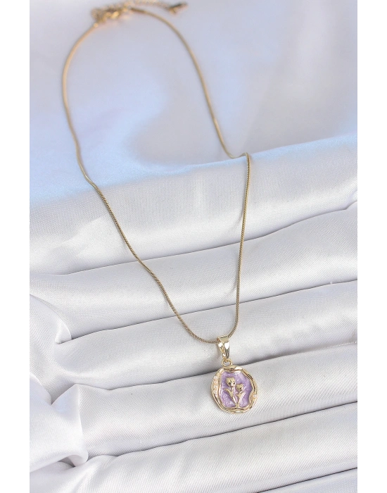316L Çelik Gold Renk Zincir Mor Mineli Çiçek İşlemeli Portre Model Kadın Kolye