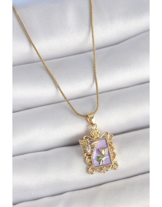 316L Çelik Gold Renk Zincir Mor Mineli Çiçek İşlemeli Zirkon Taşlı Kelebek Detay Portre Model Kadın Kolye