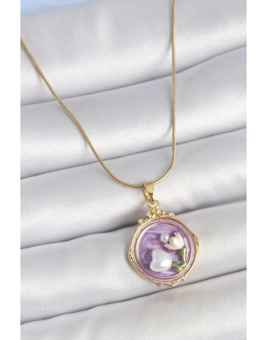 316L Çelik Gold Renk Zincir Mor Mineli İncili Çiçek İşlemeli Portre Model Kadın Kolye