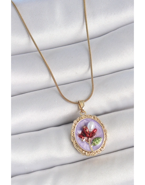 316L Çelik Gold Renk Zincir Mor Mineli İncili Çiçek İşlemeli Portre Model Kadın Kolye