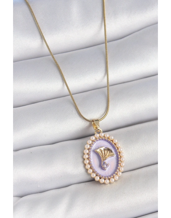 316L Çelik Gold Renk Zincir Mor Mineli İncili Zirkon Taşlı Çiçek İşlemeli Portre Model Kadın Kolye