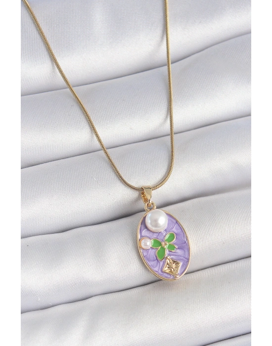 316L Çelik Gold Renk Zincir Mor Mineli Oval İncili Çiçek İşlemeli Portre Model Kadın Kolye