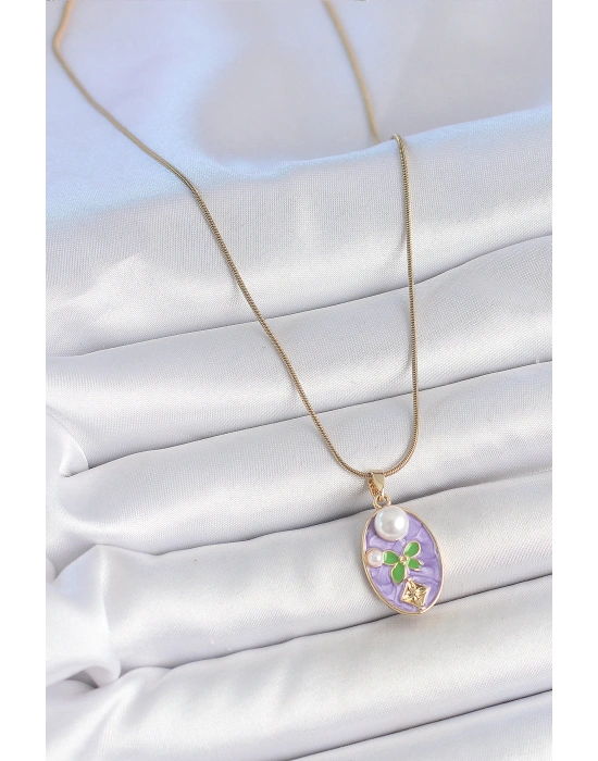 316L Çelik Gold Renk Zincir Mor Mineli Oval İncili Çiçek İşlemeli Portre Model Kadın Kolye