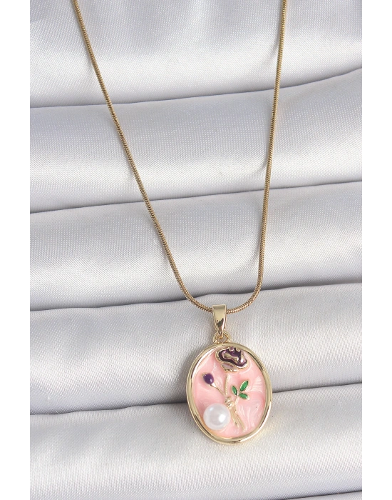 316L Çelik Gold Renk Zincir Pembe Çiçek İşlemeli İnci Detay Portre Model Kadın Kolye