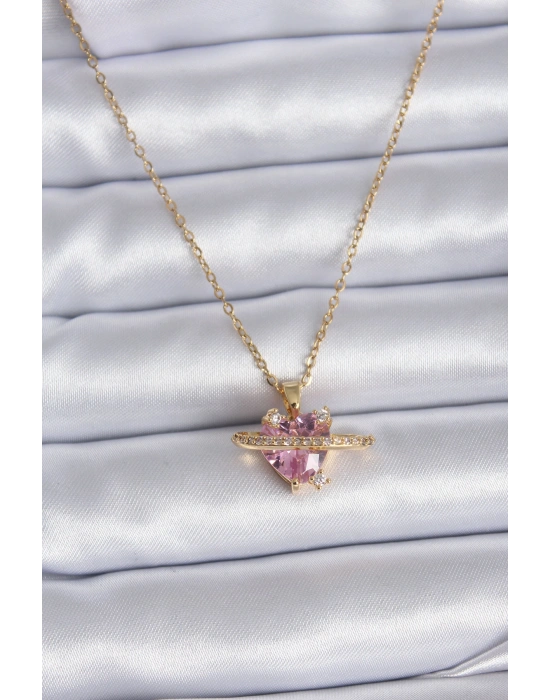 316L Çelik Gold Renk Zincir Pembe Kristal Kalp Model Zirkon Taş Detay Kadın Kolye