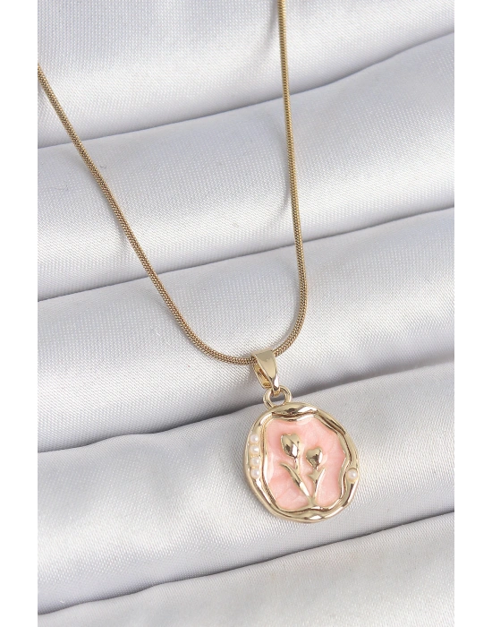 316L Çelik Gold Renk Zincir Pembe Mineli Çiçek İşlemeli Portre Model Kadın Kolye