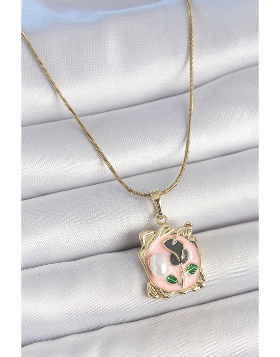 316L Çelik Gold Renk Zincir Pembe Mineli Çiçek İşlemli İnci Detay Portre Model Kadın Kolye
