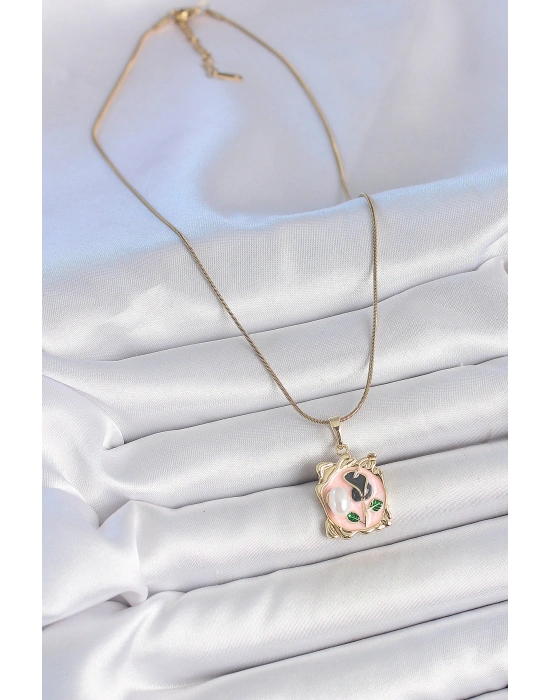 316L Çelik Gold Renk Zincir Pembe Mineli Çiçek İşlemli İnci Detay Portre Model Kadın Kolye