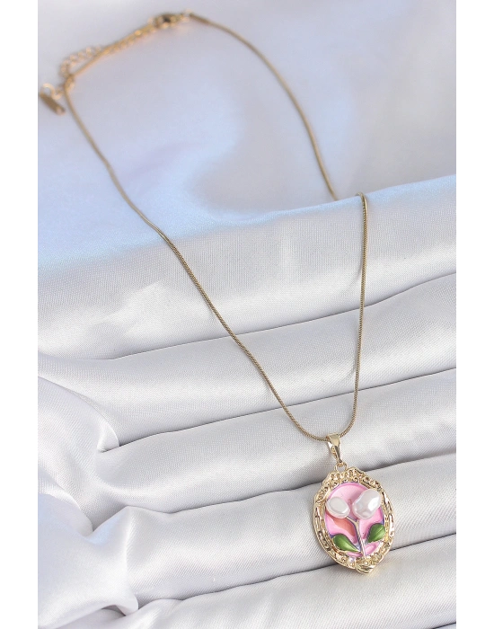 316L Çelik Gold Renk Zincir Pembe Mineli İncili Çiçek İşlemeli Portre Model Kadın Kolye