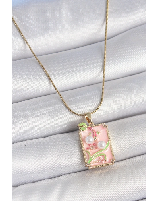 316L Çelik Gold Renk Zincir Pembe Mineli İncli Çiçek İşlemeli Portre Model Kadın Kolye