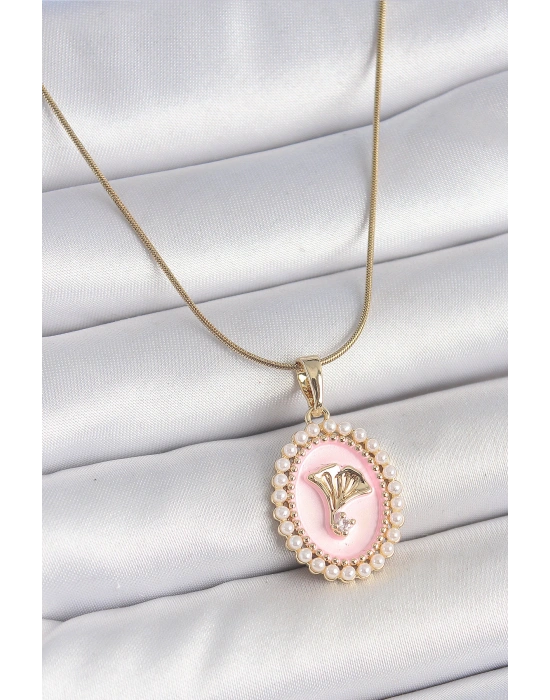 316L Çelik Gold Renk Zincir Pembe Mineli İncli Zirkon Taşlı Çiçek İşlemeli Portre Model Kadın Kolye