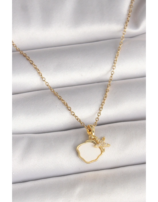 316L Çelik Gold Renk Zincir Sallantı Beyaz Mineli Deniz Kabuğu Zirkon Taşlı Deniz Yıldızı Figür Kadın Kolye