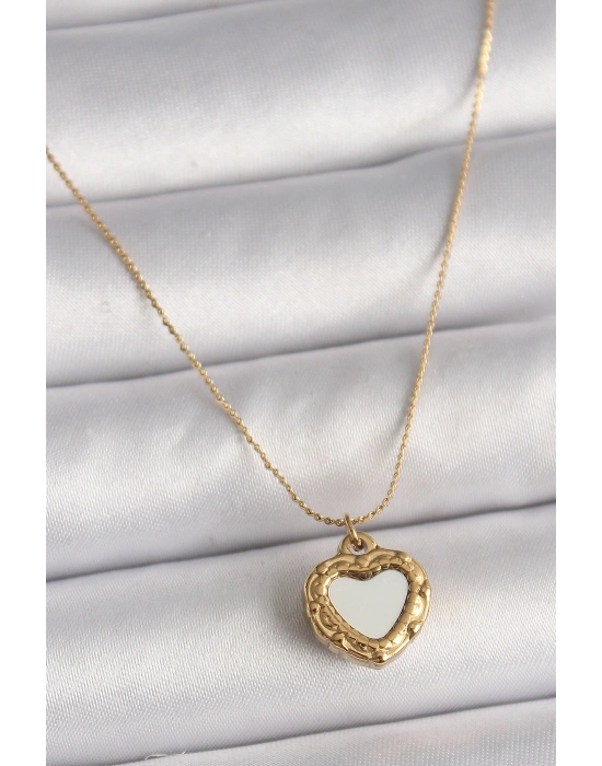 316L Çelik Gold Renk Zincir Sedefli Kalp Model Kadın Kolye