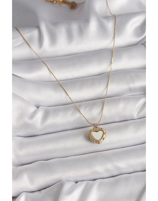 316L Çelik Gold Renk Zincir Sedefli Kalp Model Kadın Kolye