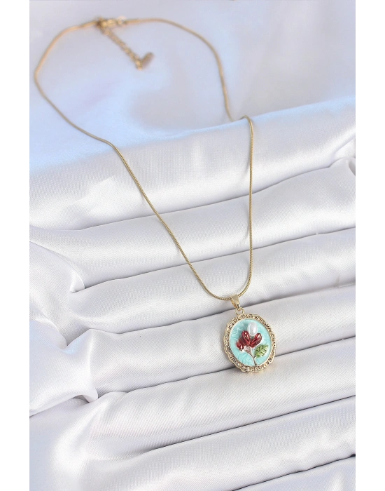 316L Çelik Gold Renk Zincir Turkuaz Mineli İncili Çiçek İşlemeli Portre Model Kadın Kolye