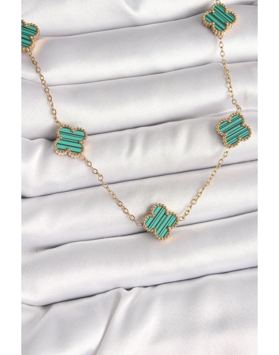 316L Çelik Gold Renk Zincir Yeşil Yonca Model Kadın Kolye