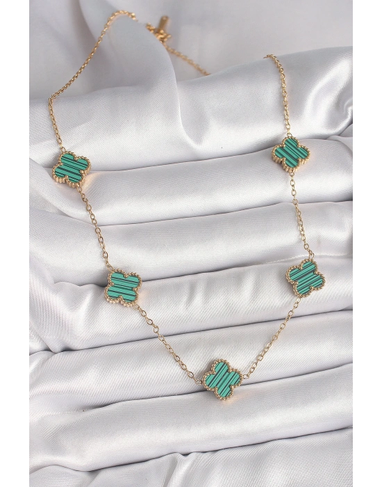 316L Çelik Gold Renk Zincir Yeşil Yonca Model Kadın Kolye