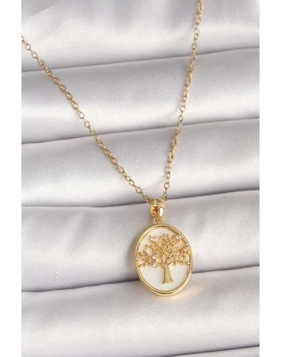 316L Çelik Gold Renk Zincir Zirkon Taş Detaylı Beyaz Mineli Ağaç İşlemeli Portre Model Kadın Kolye