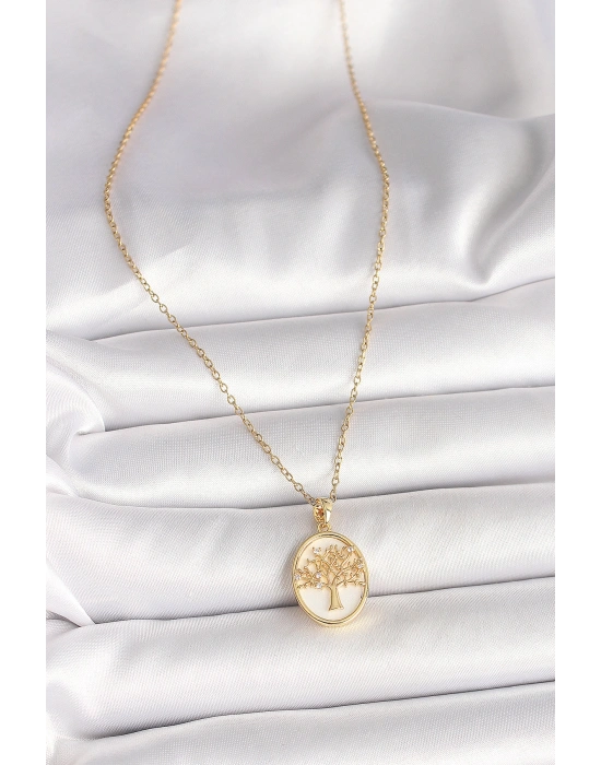 316L Çelik Gold Renk Zincir Zirkon Taş Detaylı Beyaz Mineli Ağaç İşlemeli Portre Model Kadın Kolye