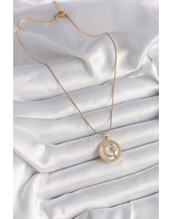 316L Çelik Gold Renk Zincir Zirkon Taş Detaylı Beyaz Sedefli Ay Yıldız Model Kadın Kolye