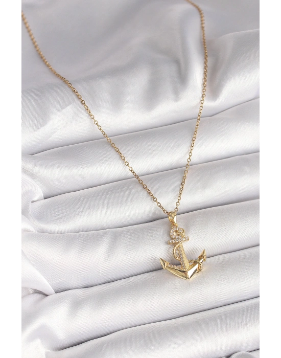 316L Çelik Gold Renk Zincir Zirkon Taş Detaylı Çapa Model Kadın Kolye