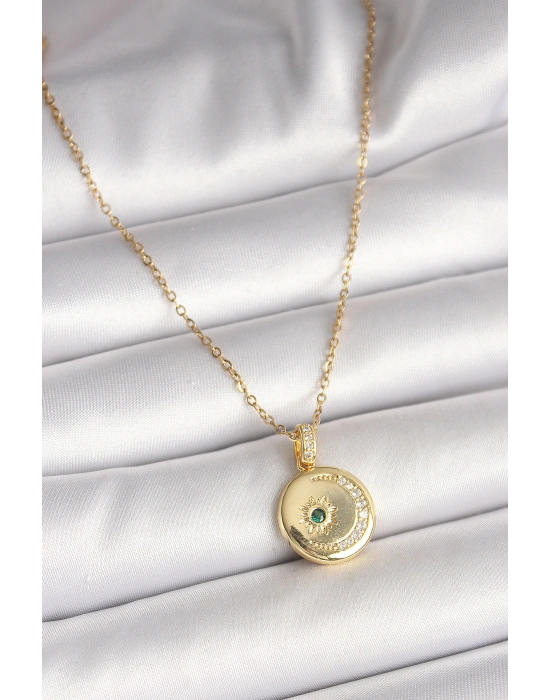 316L Çelik Gold Renk Zincir Zirkon Taş İşlemeli Hilal Yıldız İşlemeli Madalyon Model Kadın Kolye
