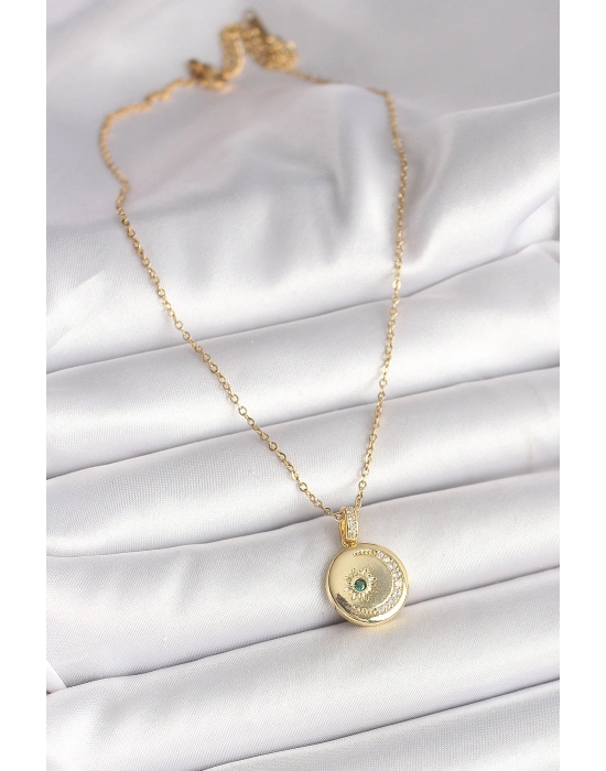 316L Çelik Gold Renk Zincir Zirkon Taş İşlemeli Hilal Yıldız İşlemeli Madalyon Model Kadın Kolye