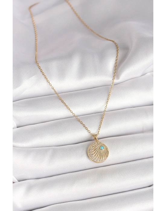 316L Çelik Gold Renk Zincir Zirkon Taş İşlemeli Mavi Taş Detaylı Madalyon Model Kadın Kolye