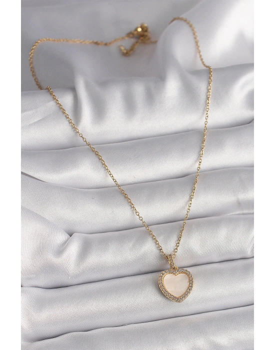 316L Çelik Gold Renk Zincir Zirkon Taşlı Beyaz Mineli Kalp Model Kadın Kolye