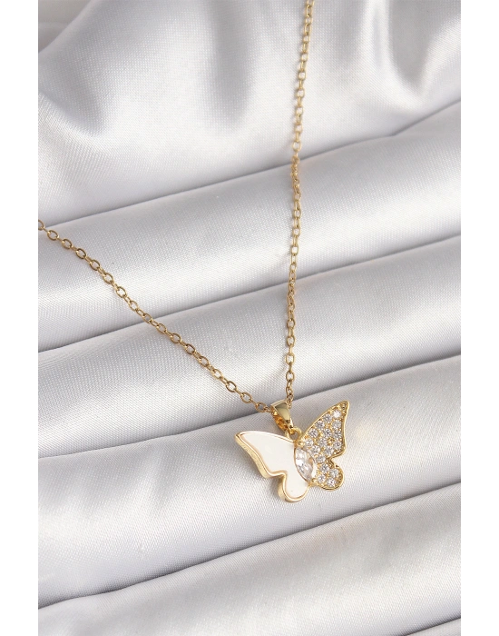 316L Çelik Gold Renk Zincir Zirkon Taşlı Beyaz Mineli Kelebek Model Kadın Kolye