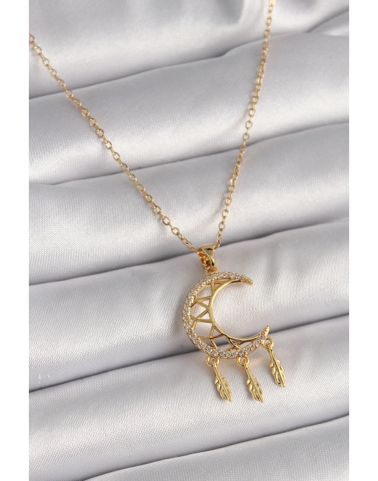 316L Çelik Gold Renk Zincir Zirkon Taşlı Hilal Model Sallantı Yaprak Detay Kadın Kolye