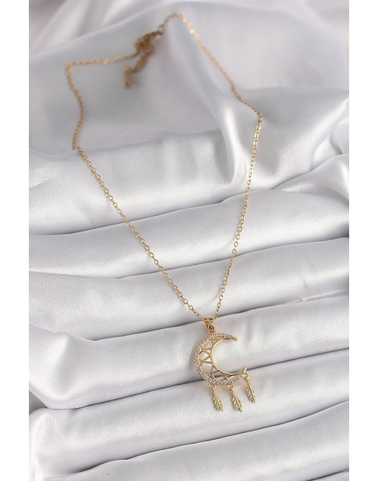 316L Çelik Gold Renk Zincir Zirkon Taşlı Hilal Model Sallantı Yaprak Detay Kadın Kolye