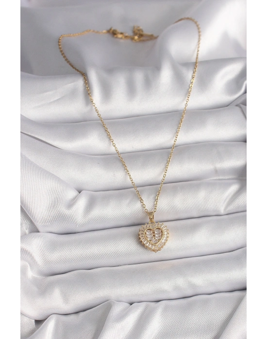 316L Çelik Gold Renk Zincir Zirkon Taşlı Kalp Model Kadın Kolye