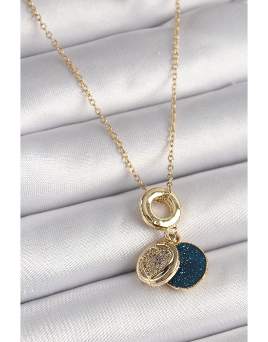 316L Çelik Gold Renk Zincir Zirkon Taşlı Kalp Model Mavi Simli Kadın Kolye