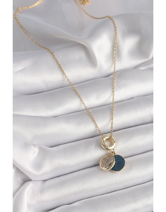 316L Çelik Gold Renk Zincir Zirkon Taşlı Kalp Model Mavi Simli Kadın Kolye