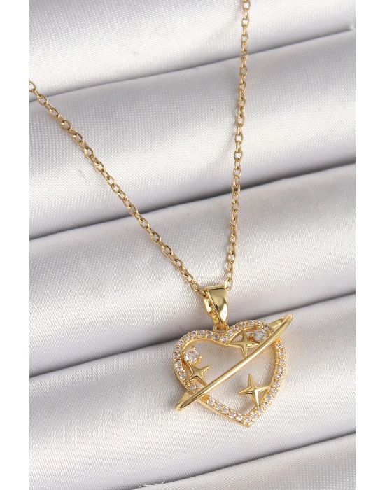 316L Çelik Gold Renk Zincir Zirkon Taşlı Kalp Model Yıldız Detay Kadın Kolye