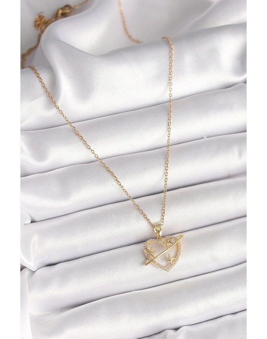 316L Çelik Gold Renk Zincir Zirkon Taşlı Kalp Model Yıldız Detay Kadın Kolye