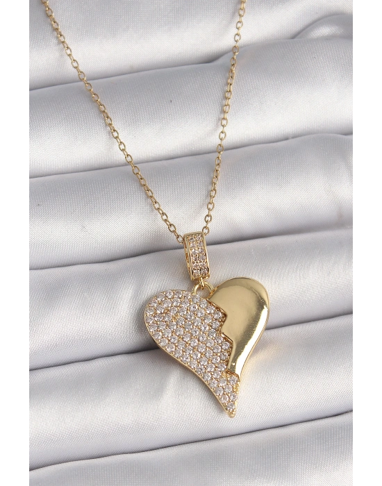 316L Çelik Gold Renk Zincir Zirkon Taşlı Kırık Kalp Model Kadın Kolye