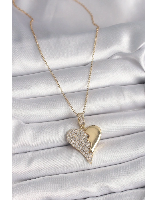 316L Çelik Gold Renk Zincir Zirkon Taşlı Kırık Kalp Model Kadın Kolye