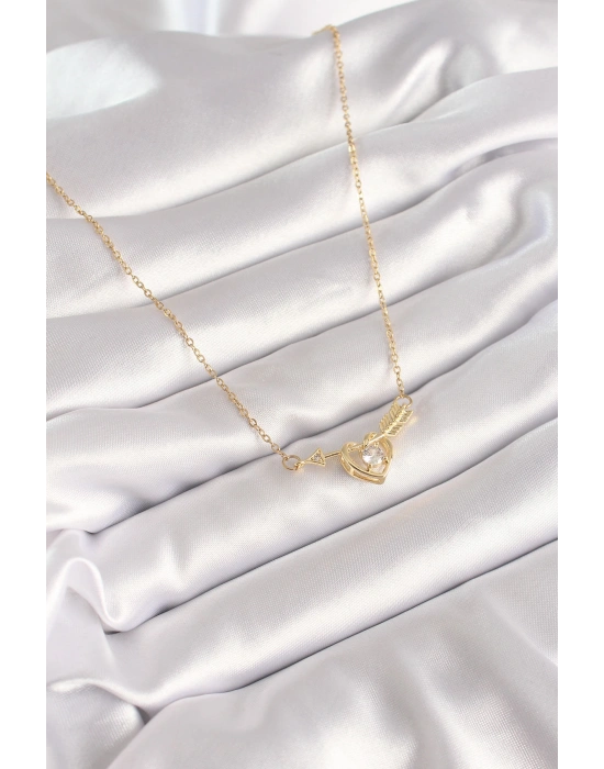 316L Çelik Gold Renk Zincir Zirkon Taşlı Ok Kalp Model Kadın Kolye